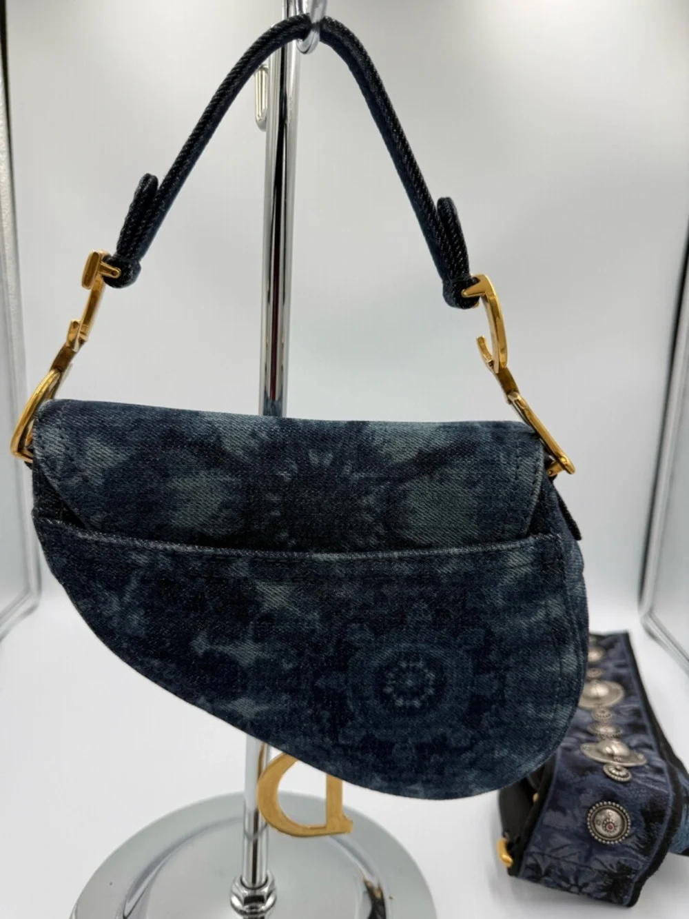 Dior Navy Denim Tie Dyed Saddle Mini Bag with Gold D Charm and Strap - Picture 4 of 16